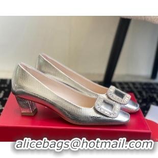 Stylish Roger Vivier Belle Vivier Strass Buckle Pumps 4.5cm in Snakeskin Embossed Leather Silver 1225098