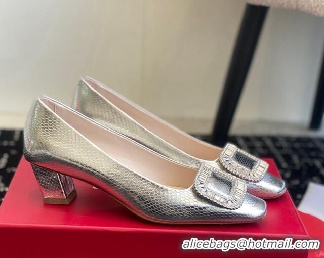 Stylish Roger Vivier Belle Vivier Strass Buckle Pumps 4.5cm in Snakeskin Embossed Leather Silver 1225098