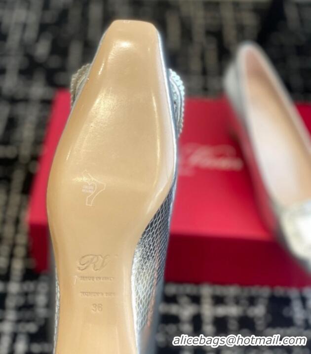 Stylish Roger Vivier Belle Vivier Strass Buckle Pumps 4.5cm in Snakeskin Embossed Leather Silver 1225098