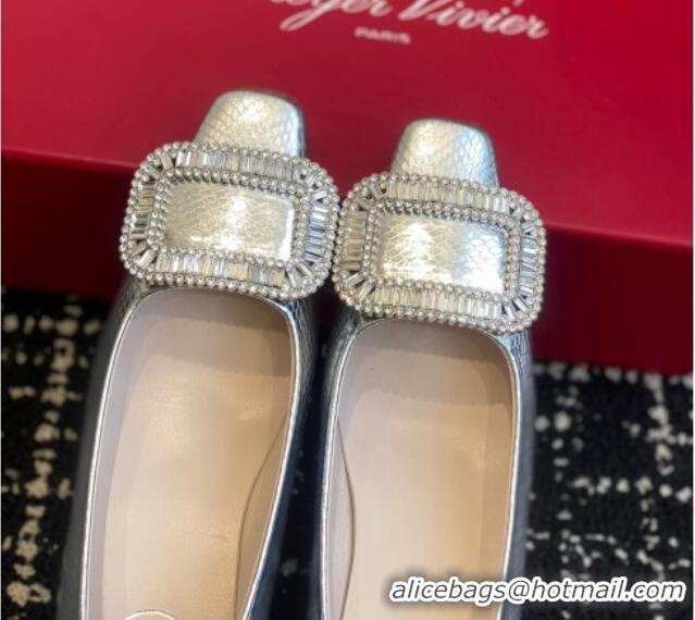 Stylish Roger Vivier Belle Vivier Strass Buckle Pumps 4.5cm in Snakeskin Embossed Leather Silver 1225098