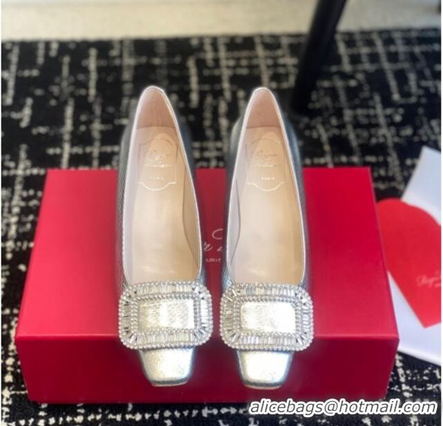 Stylish Roger Vivier Belle Vivier Strass Buckle Pumps 4.5cm in Snakeskin Embossed Leather Silver 1225098