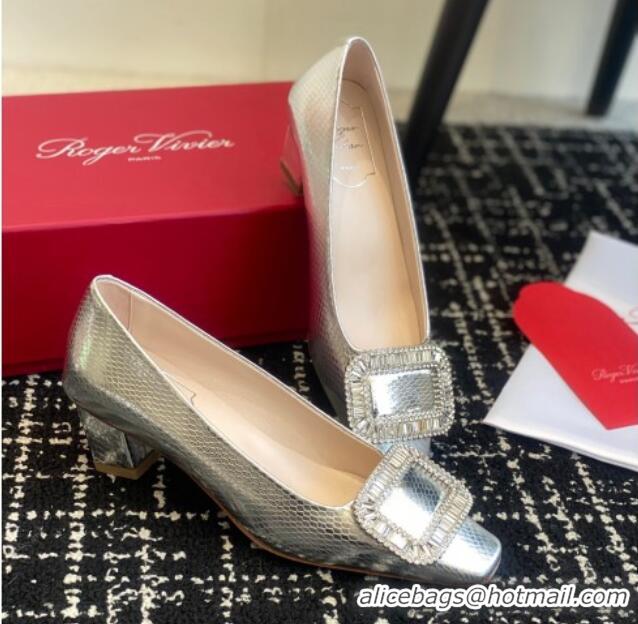 Stylish Roger Vivier Belle Vivier Strass Buckle Pumps 4.5cm in Snakeskin Embossed Leather Silver 1225098