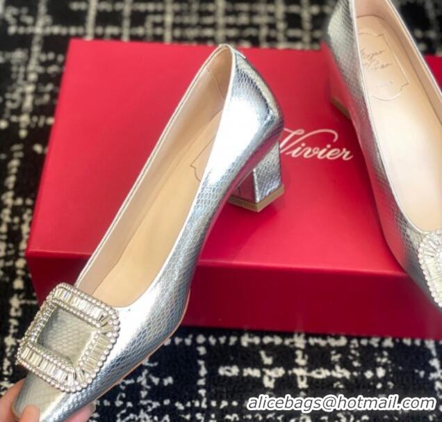 Stylish Roger Vivier Belle Vivier Strass Buckle Pumps 4.5cm in Snakeskin Embossed Leather Silver 1225098