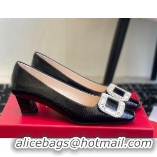 Top Design Roger Vivier Belle Vivier Strass Buckle Pumps 4.5cm in Snakeskin Embossed Leather Black 1225099