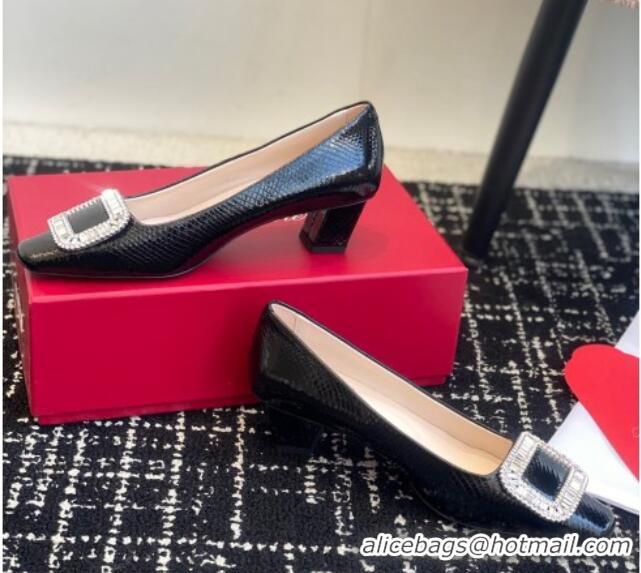 Top Design Roger Vivier Belle Vivier Strass Buckle Pumps 4.5cm in Snakeskin Embossed Leather Black 1225099