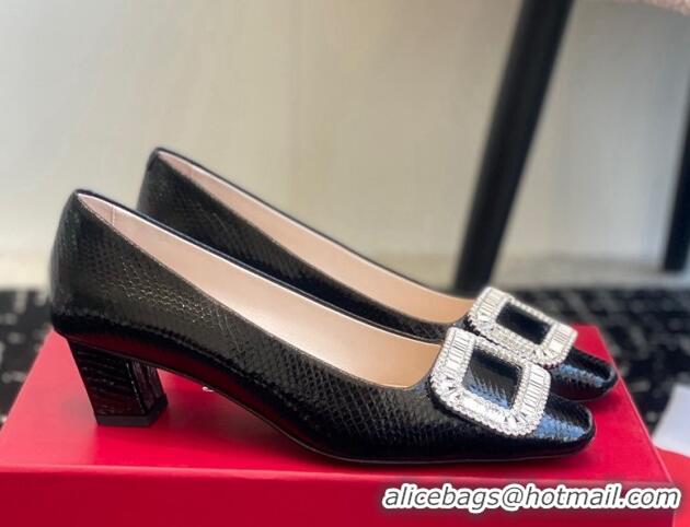 Top Design Roger Vivier Belle Vivier Strass Buckle Pumps 4.5cm in Snakeskin Embossed Leather Black 1225099