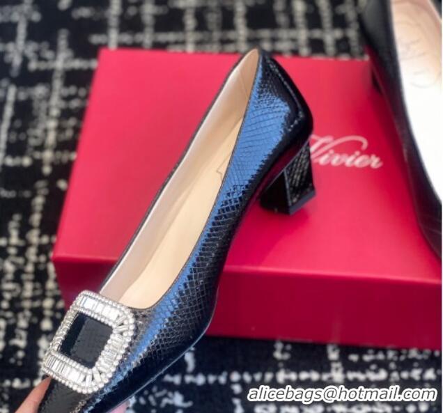 Top Design Roger Vivier Belle Vivier Strass Buckle Pumps 4.5cm in Snakeskin Embossed Leather Black 1225099