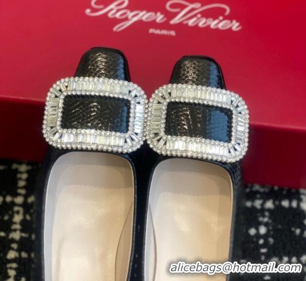 Top Design Roger Vivier Belle Vivier Strass Buckle Pumps 4.5cm in Snakeskin Embossed Leather Black 1225099