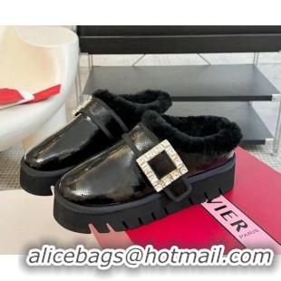 Grade Quality Roger Vivier Strass Buckle Snow Boots 4cm in Black Patent Leather and Wool 1225101