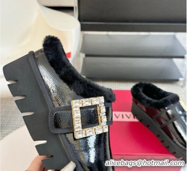 Grade Quality Roger Vivier Strass Buckle Snow Boots 4cm in Black Patent Leather and Wool 1225101