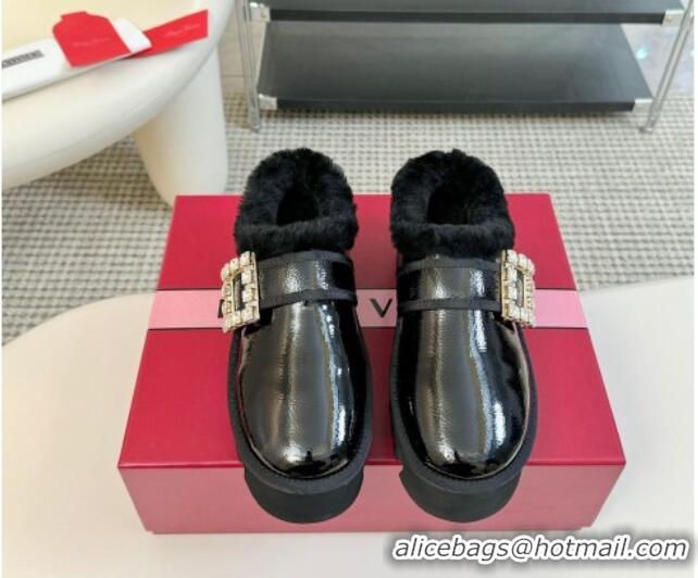 Grade Quality Roger Vivier Strass Buckle Snow Boots 4cm in Black Patent Leather and Wool 1225101