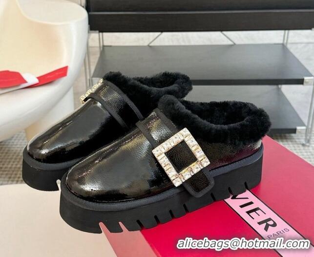 Grade Quality Roger Vivier Strass Buckle Snow Boots 4cm in Black Patent Leather and Wool 1225101