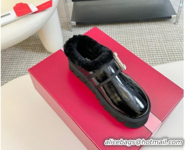 Grade Quality Roger Vivier Strass Buckle Snow Boots 4cm in Black Patent Leather and Wool 1225101