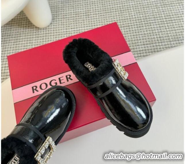 Grade Quality Roger Vivier Strass Buckle Snow Boots 4cm in Black Patent Leather and Wool 1225101