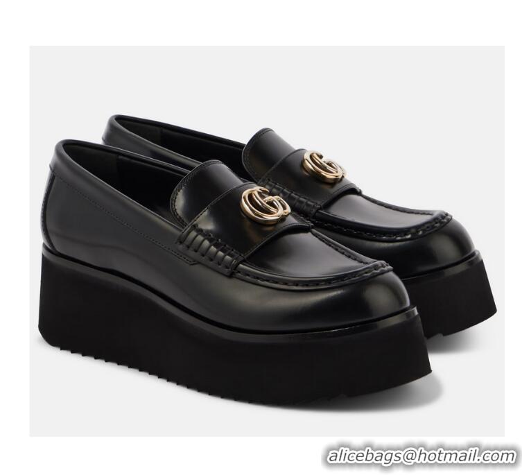 Best Price Discount Gucci Double G Leather Platform Loafers 816326 Black