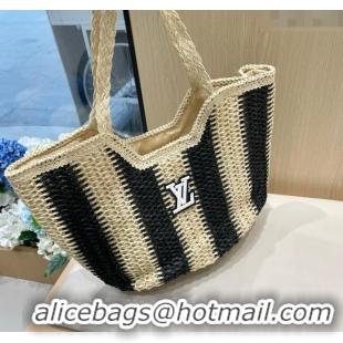 Promotional Louis Vuitton Striped Straw Basket Bag 0312 Beige/Black 2025