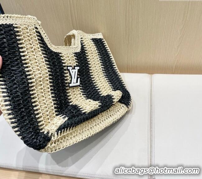 Promotional Louis Vuitton Striped Straw Basket Bag 0312 Beige/Black 2025