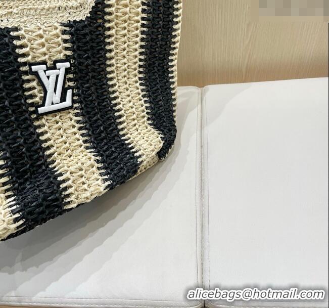 Promotional Louis Vuitton Striped Straw Basket Bag 0312 Beige/Black 2025