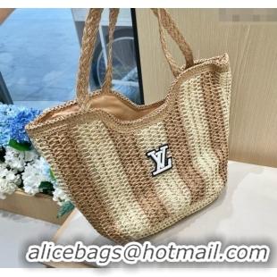 Top Grade Louis Vuitton Striped Straw Basket Bag 0312 Beige/Khaki 2025