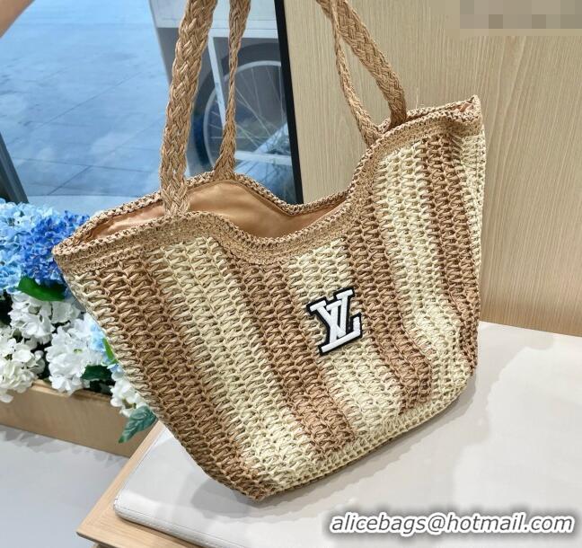 Top Grade Louis Vuitton Striped Straw Basket Bag 0312 Beige/Khaki 2025