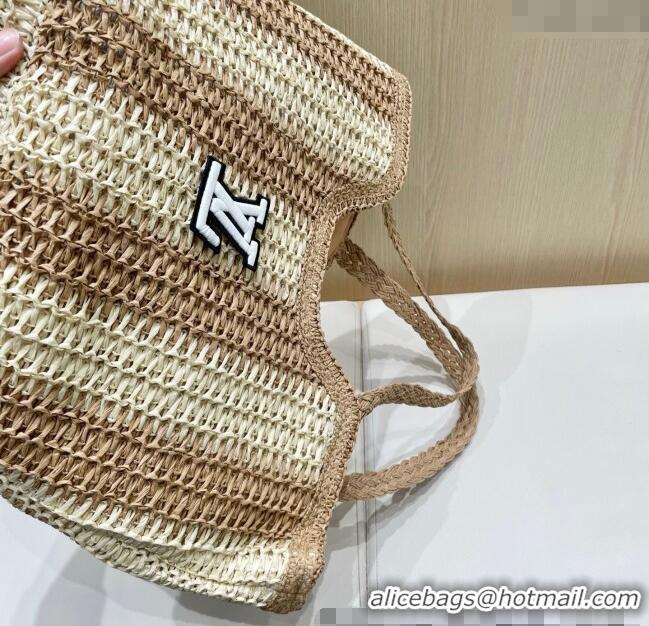 Top Grade Louis Vuitton Striped Straw Basket Bag 0312 Beige/Khaki 2025