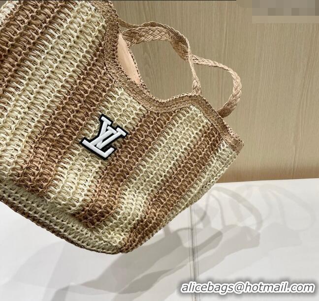 Top Grade Louis Vuitton Striped Straw Basket Bag 0312 Beige/Khaki 2025