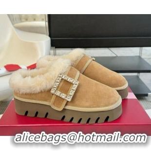 Top Grade Roger Vivier Strass Buckle Snow Boots 4cm in Suede and Wool Light Brown 1225102