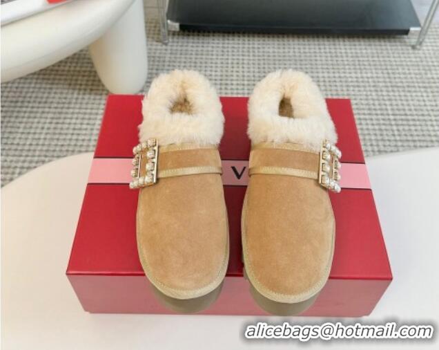 Top Grade Roger Vivier Strass Buckle Snow Boots 4cm in Suede and Wool Light Brown 1225102