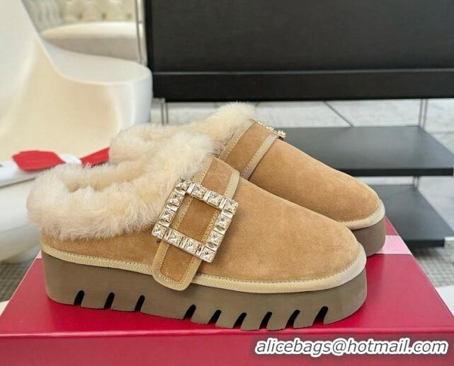 Top Grade Roger Vivier Strass Buckle Snow Boots 4cm in Suede and Wool Light Brown 1225102