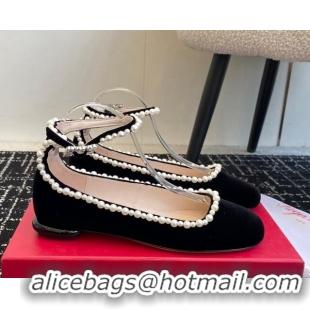 Good Looking Roger Vivier Ankle Strap Ballerinas Flat in Velvet with Pearls Black 1225103