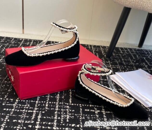 Good Looking Roger Vivier Ankle Strap Ballerinas Flat in Velvet with Pearls Black 1225103