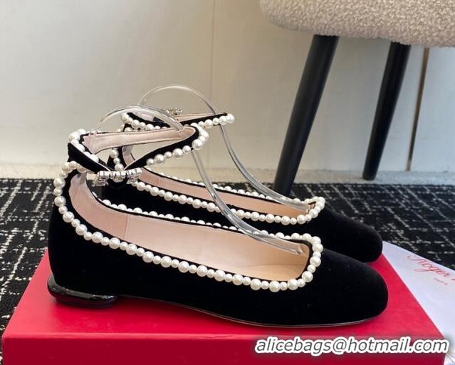 Good Looking Roger Vivier Ankle Strap Ballerinas Flat in Velvet with Pearls Black 1225103