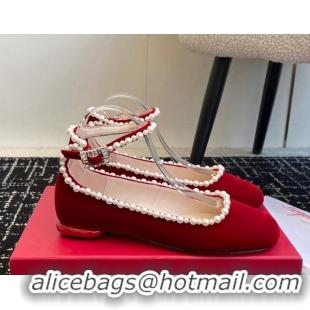 Best Product Roger Vivier Ankle Strap Ballerinas Flat in Velvet with Pearls Red 1225104