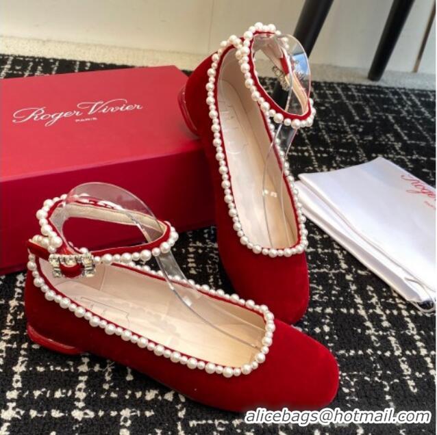 Best Product Roger Vivier Ankle Strap Ballerinas Flat in Velvet with Pearls Red 1225104