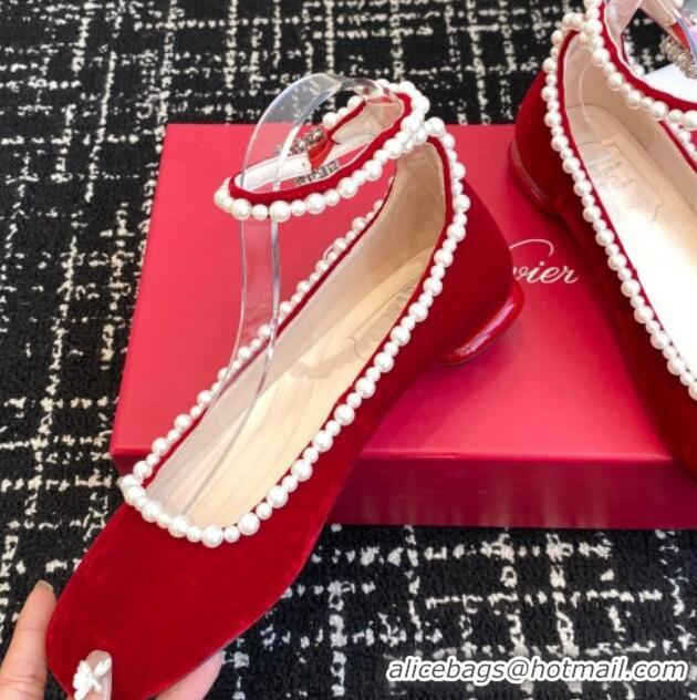 Best Product Roger Vivier Ankle Strap Ballerinas Flat in Velvet with Pearls Red 1225104