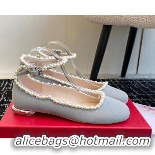 Shop Duplicate Roger Vivier Ankle Strap Ballerinas Flat in Velvet with Pearls Grey 1225105