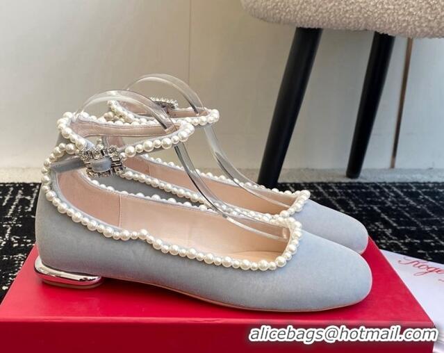 Shop Duplicate Roger Vivier Ankle Strap Ballerinas Flat in Velvet with Pearls Grey 1225105