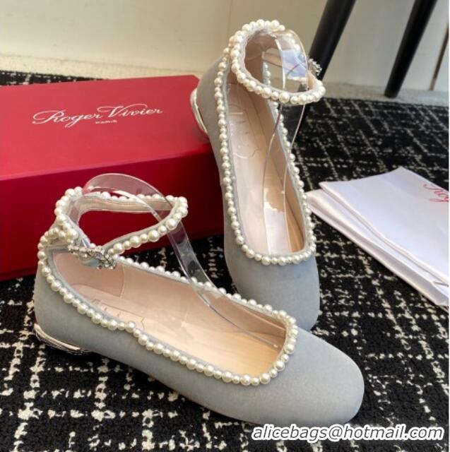 Shop Duplicate Roger Vivier Ankle Strap Ballerinas Flat in Velvet with Pearls Grey 1225105