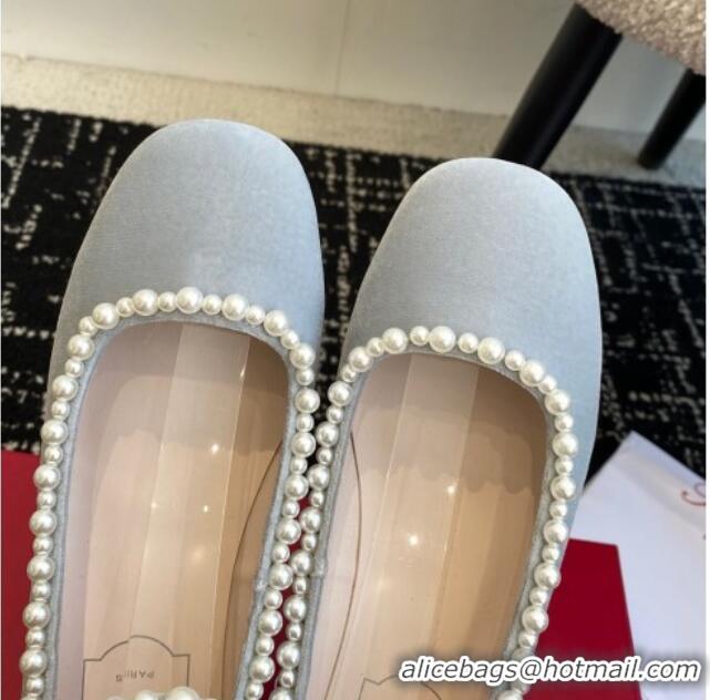 Shop Duplicate Roger Vivier Ankle Strap Ballerinas Flat in Velvet with Pearls Grey 1225105