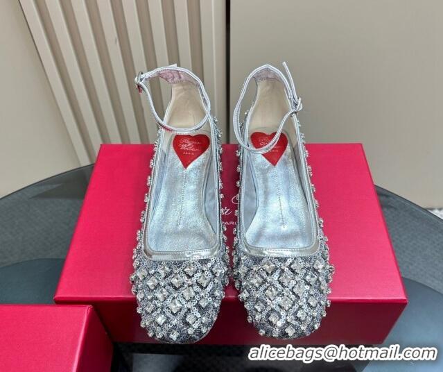 Charming Roger Vivier Viv' Podium Ballerinas Flat in sequins Silver 1225106