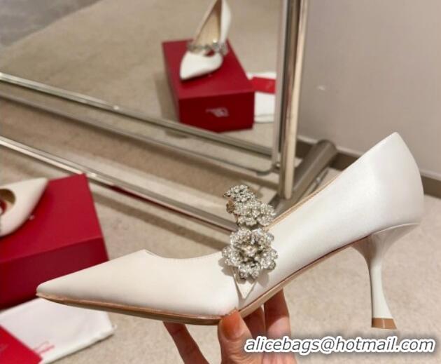 Pretty Style Roger Vivier Efflorescence Mary Jane Pumps 6.5cm in satin with flora strass buckle White 0225001