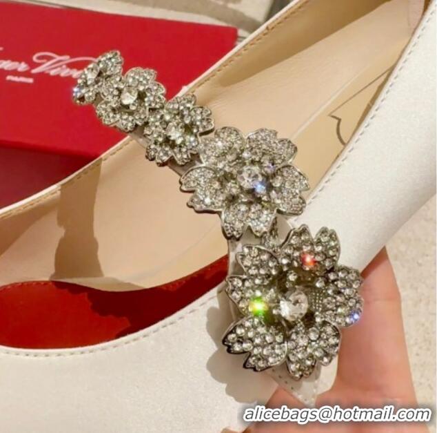 Pretty Style Roger Vivier Efflorescence Mary Jane Pumps 6.5cm in satin with flora strass buckle White 0225001