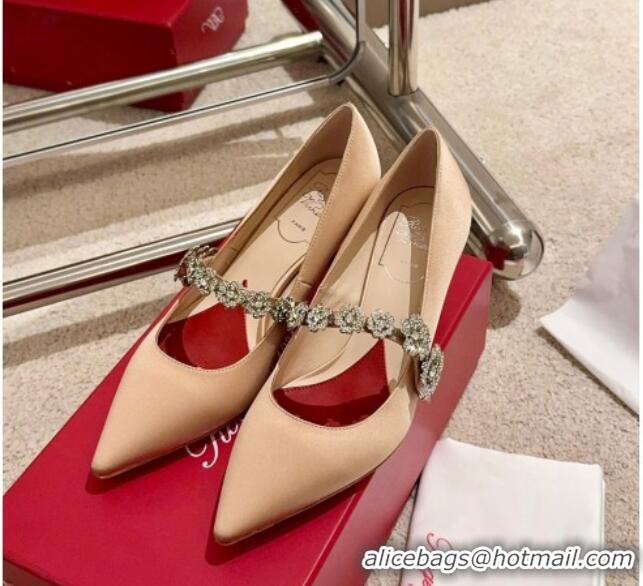 Best Grade Roger Vivier Efflorescence Mary Jane Pumps 6.5cm in satin with flora strass buckle Beige 0225002