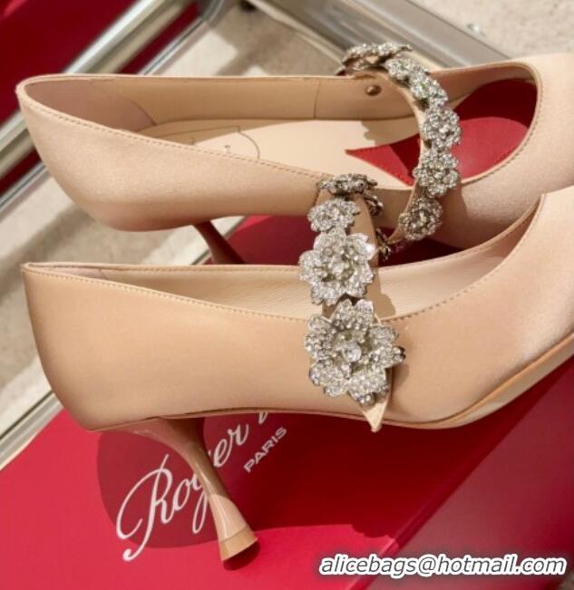 Best Grade Roger Vivier Efflorescence Mary Jane Pumps 6.5cm in satin with flora strass buckle Beige 0225002