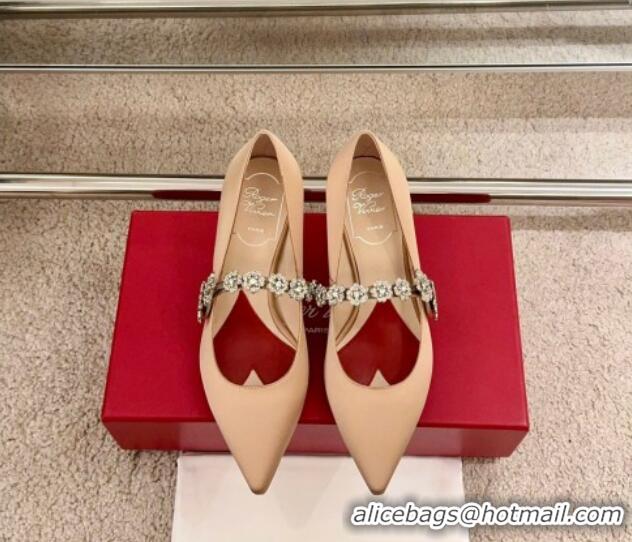 Best Grade Roger Vivier Efflorescence Mary Jane Pumps 6.5cm in satin with flora strass buckle Beige 0225002