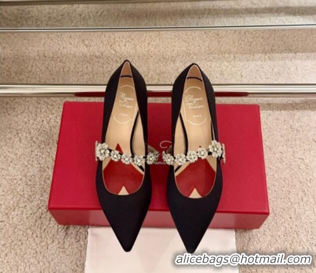 Good Quality Roger Vivier Efflorescence Mary Jane Pumps 6.5cm in satin with flora strass buckle Black 0225003