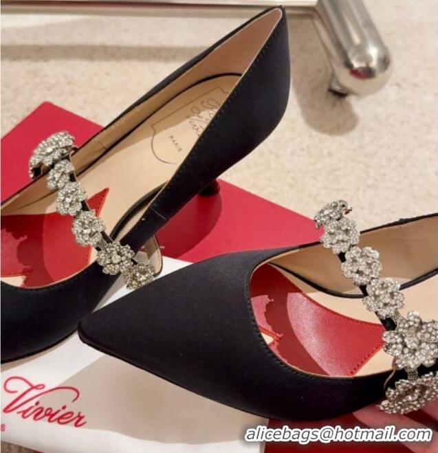 Good Quality Roger Vivier Efflorescence Mary Jane Pumps 6.5cm in satin with flora strass buckle Black 0225003