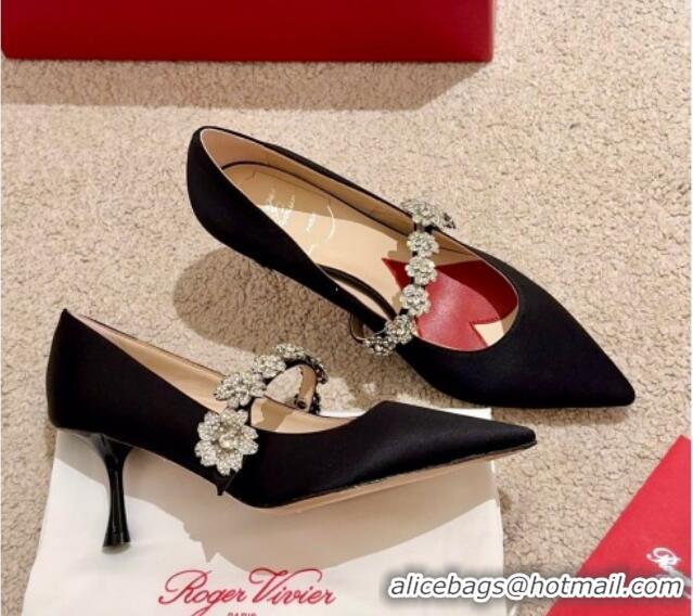 Good Quality Roger Vivier Efflorescence Mary Jane Pumps 6.5cm in satin with flora strass buckle Black 0225003