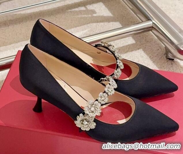 Good Quality Roger Vivier Efflorescence Mary Jane Pumps 6.5cm in satin with flora strass buckle Black 0225003