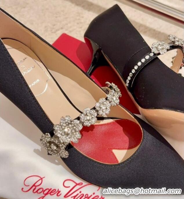 Good Quality Roger Vivier Efflorescence Mary Jane Pumps 6.5cm in satin with flora strass buckle Black 0225003